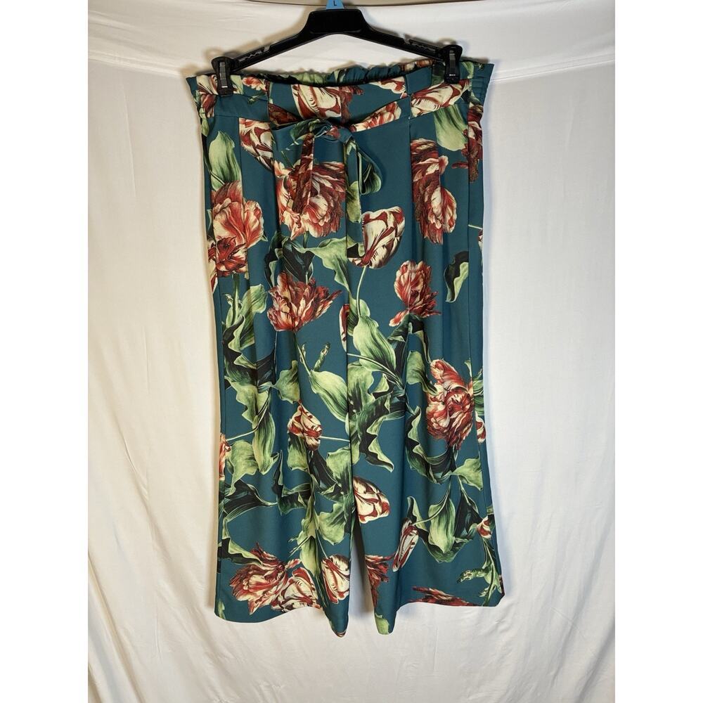 PatBO Womens 10 Teal Parrot Tulip Floral Wide Leg Culotte Pants Made Brazil